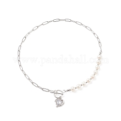 Collier pendentif coeur zircon cubique clair avec perle naturelle perlée, 304 collier chaînes trombones en acier inoxydable pour femme, couleur inoxydable, 17.64 pouce (44.8 cm)