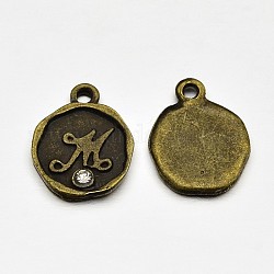 Antique Bronze Plated Alloy Rhinestone Alphbet Charms, Flat Round with Letter.M, Nickel Free, , 13x10x1.5mm, Hole: 1mm