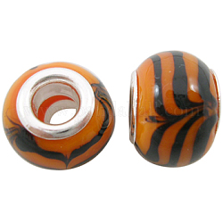 Handmade Lampwork European Large Hole Beads, with Silver Color Brass Core, Rondelle, Orange, about 15mm in diameter, hole: 5mm