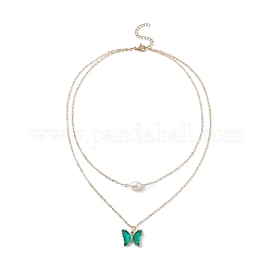 Collier double couche avec pendentifs papillon en verre et perles naturelles avec zircone cubique transparente, bijoux en laiton doré pour femme, vert de mer, 16.34 pouce (41.5 cm)