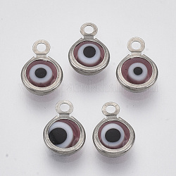 Charms del lampwork hecho a mano, con 304 fornituras de acero inoxidable, plano y redondo con mal de ojo, marrón rosado, 9.5x6.5x2.5mm, agujero: 1.5 mm