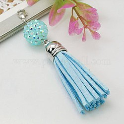 Fashion Pendant Decorations Backpack Charms, with Resin Rhinestone Beads, Suede Tassels Pendants and Alloy Lobster Claw Clasps, Cyan, 90mm