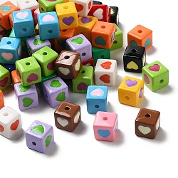 Opaque Enamel Acrylic Beads, Cube with Heart Pattern, Mixed Color, 12.5x12x12mm, Hole: 2.6mm