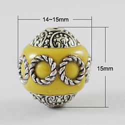 Handmade Indonesia Beads, with Alloy Cores, Round, Yellow, 14~15x15mm, Hole: 2mm
