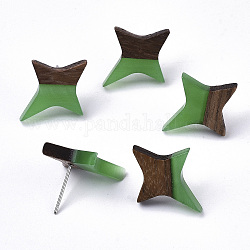 Resin & Walnut Wood Stud Earrings, with 304 Stainless Steel Pin, Star, Medium Sea Green, 21x17~18mm, Pin: 0.7mm