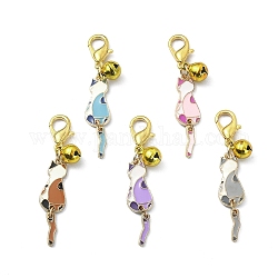 Cat Alloy Enamel Pendant Decoration, with Brass Bell and Alloy Clasp, Mixed Color, 53mm, 5pcs/set