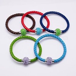 Leather Bracelet Making, with Polymer Clay Rhinestone Beads and Stainless Steel Magnetic Clasps, Platinum Color, Mixed Color, 190x5mm