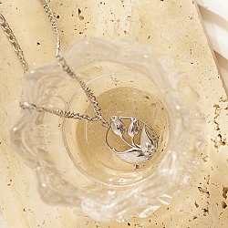 Collier pendentif ovale avec fleur en acier inoxydable avec chaînes à maillons cubains, couleur inoxydable, 17.72 pouce (45 cm)