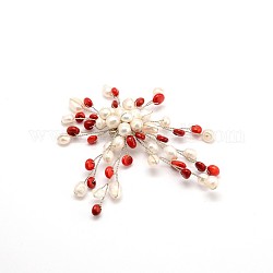 Cabochons en porcelaine plaquée fleur, avec accessoires en laiton platine et des perles de corail naturel, 84~103x71~83mm, pin: 1 mm