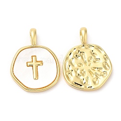 Rack Plating Brass Pendants with Shell, Long-Lasting Plated, Lead Free & Cadmium Free, Flat Round with Cross Charms, Real 18K Gold Plated, 18x14x2mm, Hole: 5x1.8mm