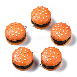 Pendentifs en résine opaque, avec boucle en fer couleur platine, nourriture imitation, Hamburger, orange, 28~29x24~25x17mm, Trou: 1.8mm