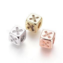 Perline in ottone, con zirconi micro pave, cubo con croce segno, chiaro, colore misto, 6x6x6mm, Foro: 3 mm