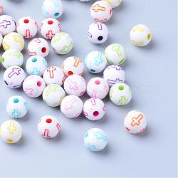 Élaborer perles acryliques, ronde avec la croix, blanc, 7~8mm, Trou: 1.5mm, environ 1800 pcs/500 g
