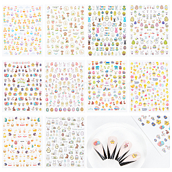 Globleland 10 feuilles 10 style papier nail art autocollants décalcomanies, auto-adhésif, autocollant, pour les décorations d'ongles, motif de thème de Pâques, motif de thème de Pâques, 103x80x2.5mm, 1 feuille/style