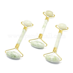 Natural New Jade Massage Tools, Facial Rollers, with Brass Findings, for Face, Eyes, Neck, Body Muscle Relaxing, Golden, 137x39~59mm
