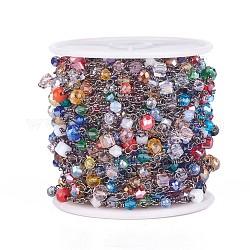 Chaînes de perles en verre manuels, non soudée, avec les accessoires en laiton, avec bobine, facette, formes mixtes, gunmetal, 4~6x3~5mm, environ 32.8 pied (10 m)/rouleau