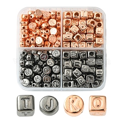 Ccb Kunststoff-Perlen, horizontales Loch, flach rund/würfelig mit Buchstaben, Metallgrau und Roségold, 6~7x6~7x4~6 mm, Bohrung: 1.4~3 mm, 267 Stück / Karton
