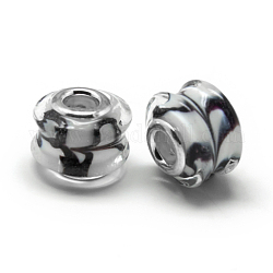 Perles européennes rondes vernissées à gros trou, avec noyaux en laiton plaqué couleur argent, blanc, 14~15x11~12mm, Trou: 5mm