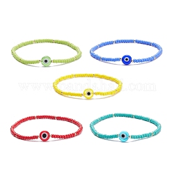 5Pcs 5 Colors MIYUKI Seed Beaded Stretch Bracelets Set with Evil Eye, Lucky Protection Jewelry for Women, Mixed Color, Inner Diameter: 2-1/4 inch(5.6cm)
