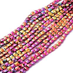 Hebras de perlas de vidrio de electrochapa de arco iris, cuadrados facetas del, lleno chapado, multi-color de chapado, 6x6x4mm, agujero: 1.2 mm, aproximamente 100 pcs / cadena, 23.62'' (60 cm)