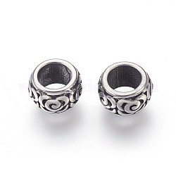 304 Stainless Steel Beads, Large Hole Beads, Rondelle with Rose/Flower, Antique Silver, 10x6.5mm, Hole: 6mm