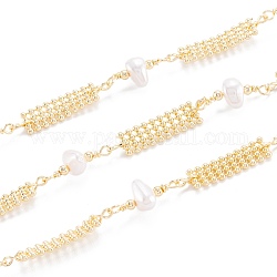 Handmade Brass Beaded Chain, with CCB Plastic Imitation Pearl, Brass Beaded Band, Long-Lasting Plated, Unwelded, with Spool, Light Gold, strip: 17x6x1.5mm, bead: 18x8x6mm, 32.8 Feet(10m)/roll