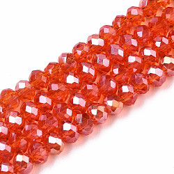 Chapelets de perles en verre électroplaqué, de couleur plaquée ab , facette, rondelle, rouge-orange, 4x3mm, Trou: 0.4mm, Environ 123~127 pcs/chapelet, 16.5~16.9 pouce (42~43 cm)
