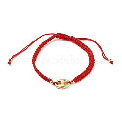 Adjustable Nylon Thread Braided Bead Bracelets, Red String Bracelets, with Oval Alloy Links and Round Brass Beads, Golden, Red, Inner Diameter: 2-1/4~3-3/4 inch(5.7~9.5cm)