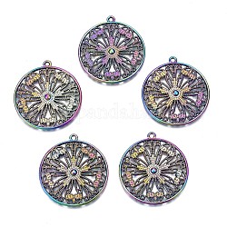 Rainbow Color Alloy Pendants, Cadmium Free & Nickel Free & Lead Free, Flat Round with Flower, 33x30.5x2.5mm, Hole: 1.5mm