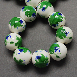 Ручной печатный шарики фарфора, круглые, зеленый лайм, 12 мм, отверстие : 2 мм