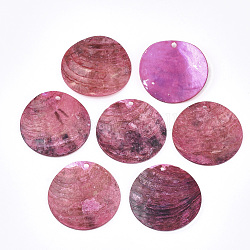 Pendentifs coquille peinture aérosol akoya naturelle, pendentifs coquille en nacre, plat rond, rose chaud, 25x1~3mm, Trou: 1.1~1.5mm