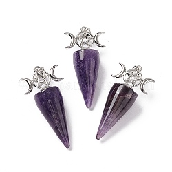 Natural Amethyst Pendants, Cone Charms, with Platinum Tone Brass Triple Moon with Star Findings, Cadmium Free & Nickel Free & Lead Free, 47~50x23x14.5~15mm, Hole: 7.5x5mm