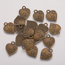 Pendente in lega stile tibetano,  piombo & nichel & cadmio libero, cuore con stampa della zampa, bronzo antico, 17x13x2mm, Foro: 3 mm