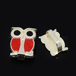 Brass Enamel Slide Charms, Owl, for Halloween, Platinum Metal Color, Red, 17x12x8mm, Hole: 4x11mm
