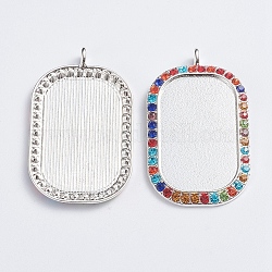 Alloy Big Pendant Cabochon Settings, Plain Edge Bezel Cups, with Rhinestone, Rectangle, Colorful, Silver, Tray: 23x38mm, 51.5x31x3.5mm, Hole: 4mm