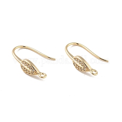 Leaf Rack Plating Brass Micro Pave Cubic Zirconia Earring Hooks, with Vertical Loop, Long-Lasting Plated, Cadmium Free & Lead Free, Real 14K Gold Plated, 17.5x5mm, Hole: 1mm, 20 Gauge, Pin: 0.8mm