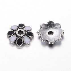 Alloy Enamel Flower Bead Caps, 8-Petal, Antique Silver, Black & White, 10x3mm, Hole: 2mm