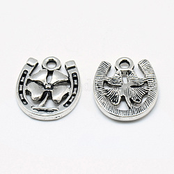 Tibetan Style Alloy Pendants, Horseshoes with Clover, Cadmium Free & Lead Free, Antique Silver, 17.5x15x2.5mm, Hole: 2mm