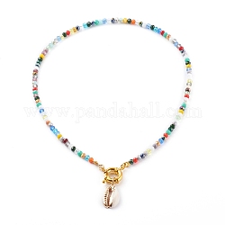 Natural Cowrie Shell Pendant Necklaces, with Rondelle Glass Beads and Brass Spring Ring Clasps, Golden, Colorful, 18.11 inch(46cm)