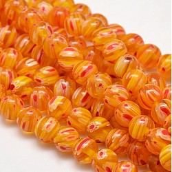 Chapelets de perles rondes de millefiori en verre, orange, 7.6~8mm, Trou: 1mm, Environ 48 pcs/chapelet, 14.9 pouce