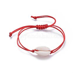 Bracelets de perles de nylon tressés réglables, bracelets ficelle rouge, avec des perles de coquillage cauris naturelles, rouge, 32.1 cm