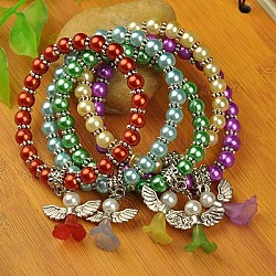 Bracelets d'ange belle avec robe de mariée pour les enfants, bracelets carnaval extensibles, avec verre perles de nacre et de perles de style tibétain, couleur mixte, 45mm