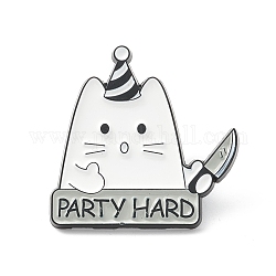 Broche en alliage dur word party, chat avec épinglette de couteau pour vêtements de sac à dos, électrophorèse noir, blanc, 28x28x1.5mm, pin: 1 mm