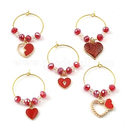 Ciondoli per calici da vino in lega smaltata con cuore a tema San Valentino, con perle di vetro e componenti di orecchini a cerchio in ottone, rosso, 43.5~46x25x5.5~6mm