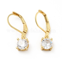 Clear Cubic Zirconia Flat Round Dangle Leverback Earrings, Brass Jewelry for Women, Real 18K Gold Plated, 23mm, Pin: 0.7mm