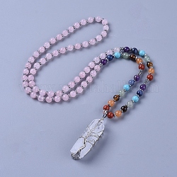 Natural Rose Quartz Pendant Necklace, with Quartz Crystal Pendant and Brass Findings, 28.3 inch(72cm), beads: 4~6.5mm, pendant: 54~63x13~17x14~16mm