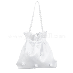 Sac d'argent de mariage de mariage de ruban, sac à main décoré de fleurs en satin avec perle en plastique, blanc, 198x215x1.5~11mm, diamètre intérieur: 145x215 mm
