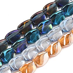 Abalorios de vidrio electroplate hebra, prisma triangular, color mezclado, 12x9.5~11.5x9mm, agujero: 1 mm, aproximamente 52~53 pcs / cadena, 24.41 pulgada ~ 24.80 pulgadas (62~64 cm)
