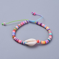Braccialetti intrecciati di perline heishi in argilla polimerica ecologici fatti a mano, con perle di conchiglia di ciprea e cordino di nylon, colorato, 2 pollice ~ 3-1/8 pollici (5~8 cm)