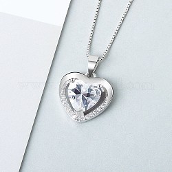 925 Sterling Silver Pendant Necklaces, with Cubic Zirconia, Heart, Clear, Platinum